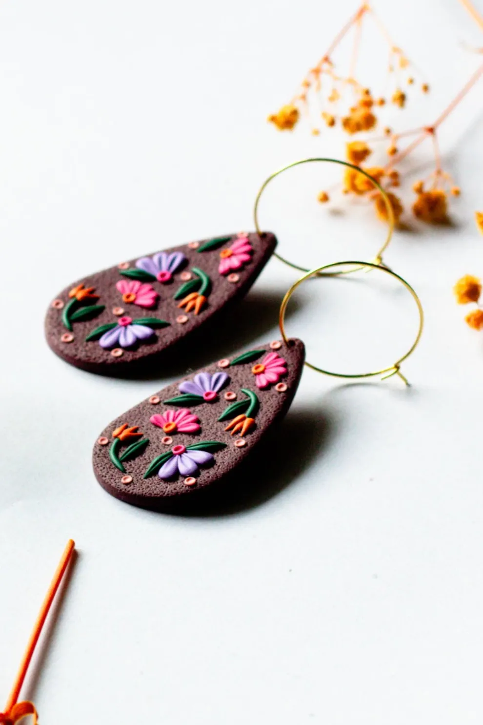 SLOW DAY STUDIOS Burgundy Floral Teardrop Hoop Earrings