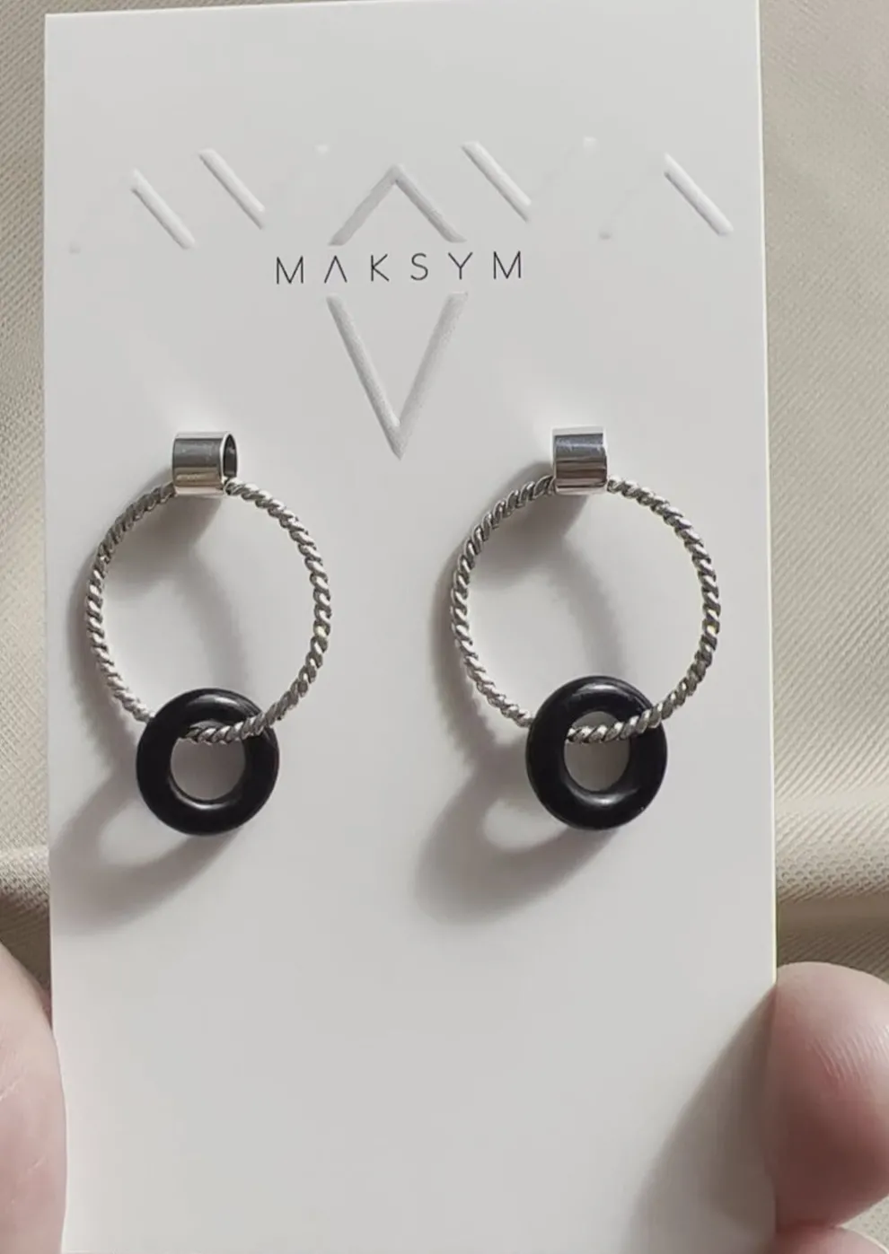 MAKSYM Twisted Hoop Earrings + Black Onyx - Silver